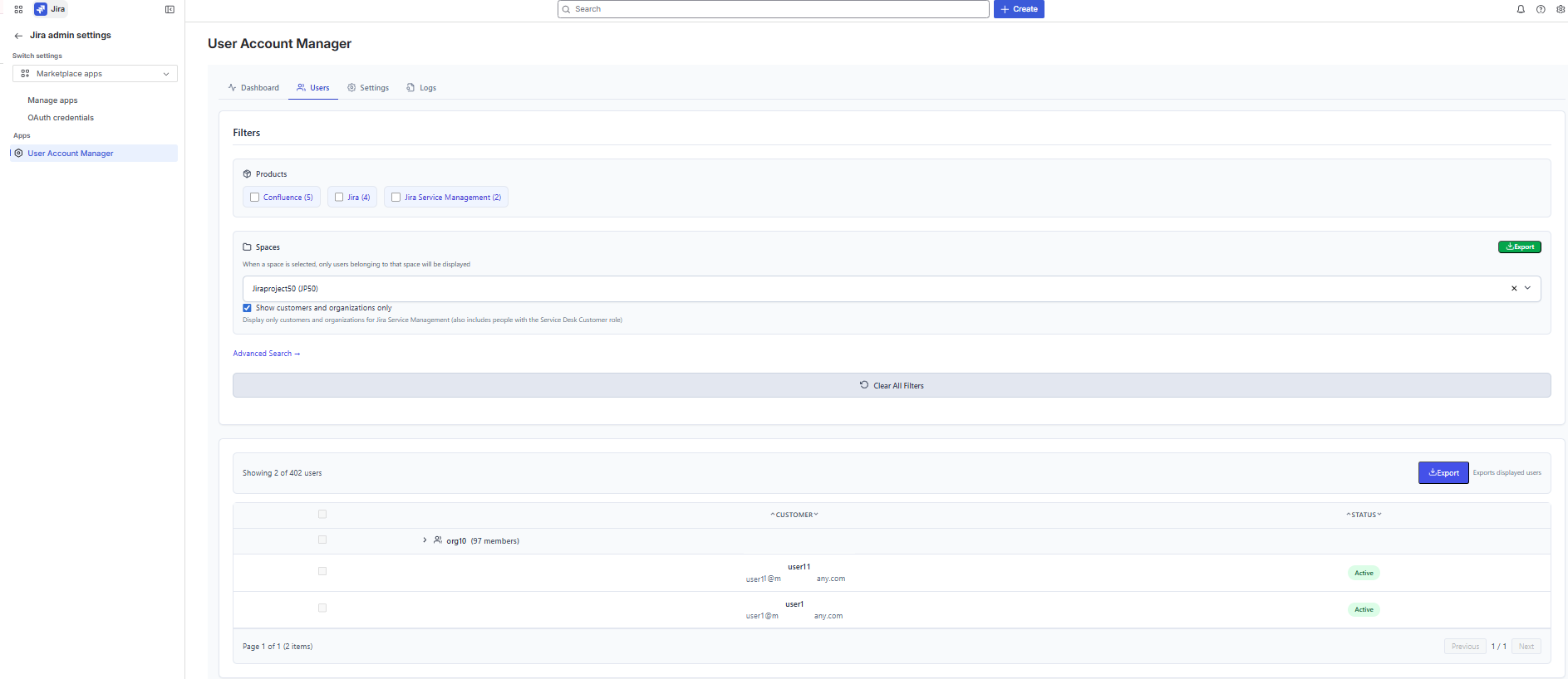 Users tab showing user table with columns, filters, and search bar