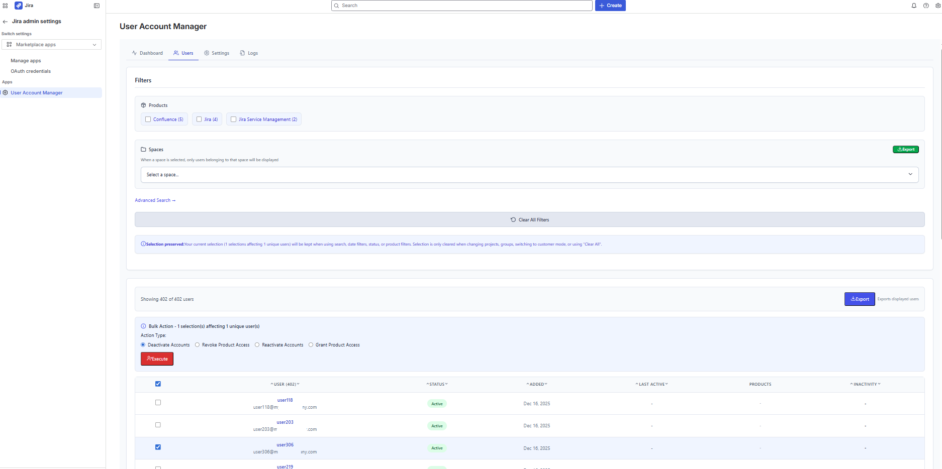 Users tab with bulk action buttons