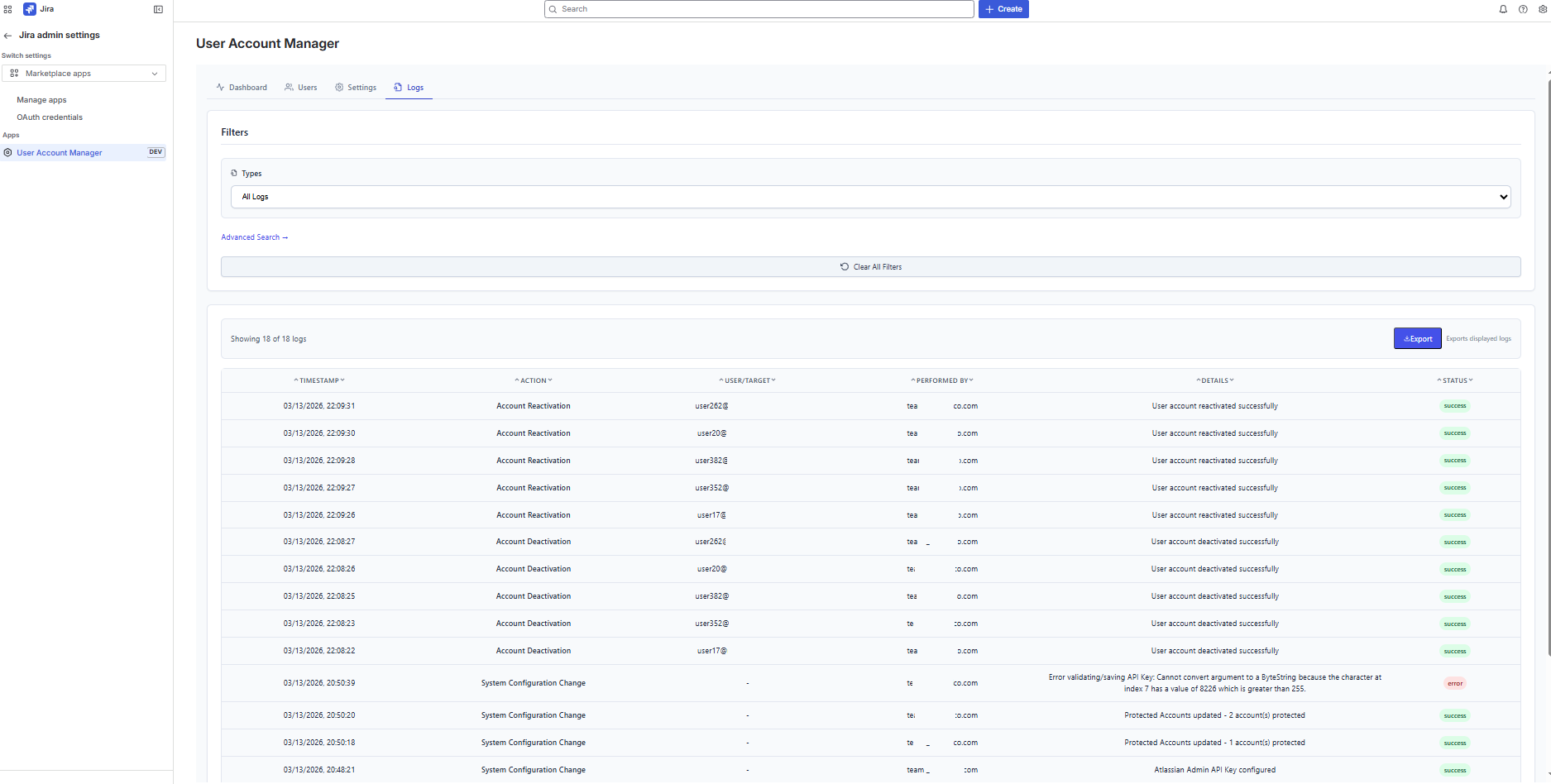 Logs tab showing audit log entries with filters